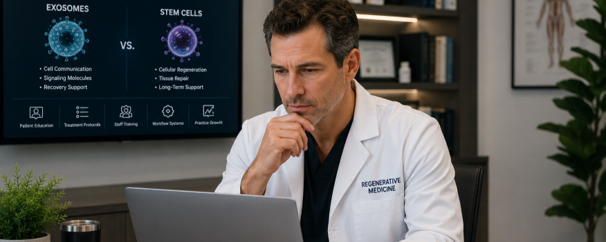 Doctor reviewing exosome and regenerative medicine treatment training with clinic staff using the RPS platform