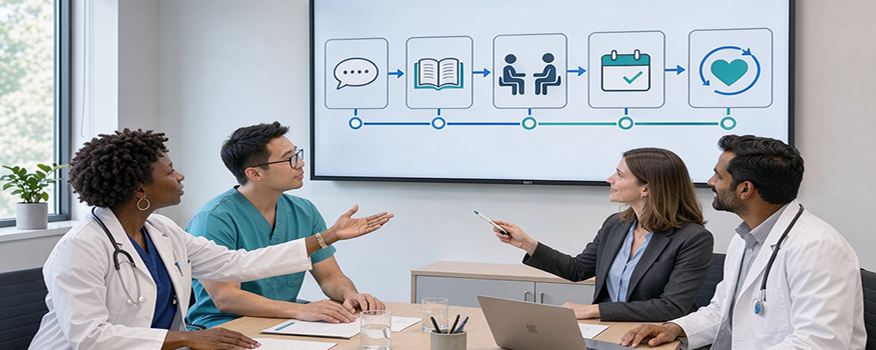 Medical practice team reviewing a standardized workflow for launching a new cash service
